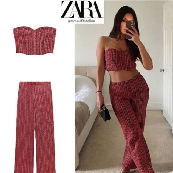 NWT Zara Textured Tweed Corset Strapless Top Size small tweed dark red burgundy - Picture 3 of 10